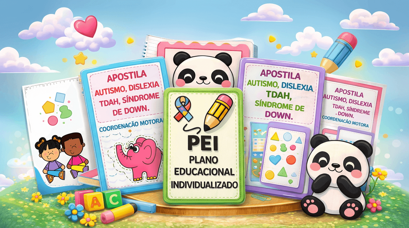 Uma imagem colorida e alegre mostrando os modelos de PEI de forma divertida.